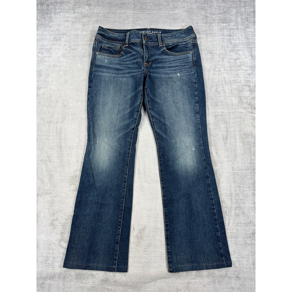 American Eagle Jeans Women 10 Blue Dark Wash Kick Boot Stretch Distressed Y2K